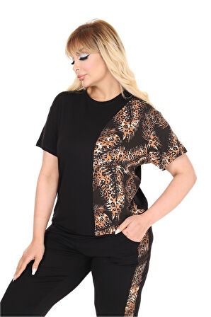 Melsay Butik Siyah Kısa Kol Yarım Başak Garnili Viskon Kapri Takım