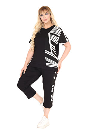 Melsay Butik Siyah Kısa Kol Yarım Çizgi Garnili Viskon Kapri Takım