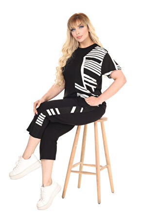 Melsay Butik Siyah Kısa Kol Yarım Çizgi Garnili Viskon Kapri Takım