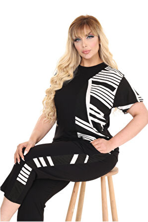 Melsay Butik Siyah Kısa Kol Yarım Çizgi Garnili Viskon Kapri Takım