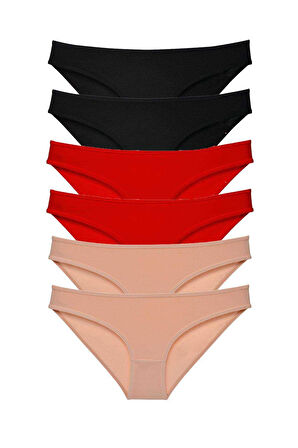 6 adet Süper Eko Set Likralı Kadın Slip Külot Siyah Kırmızı Ten - Lisinya