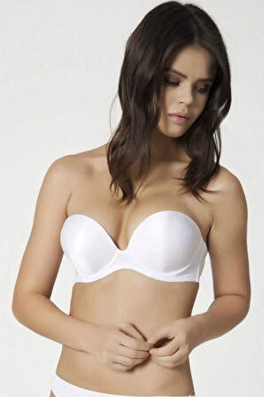 Kadın Ekru Sırtı Şeffaf Push-up 2 Beden Büyüten Dolgulu Straples Sütyen Cindy - Lisinya