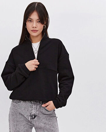 Oversize Yarım Farmuarlı Yakalı Basic SweatShirt - Siyah