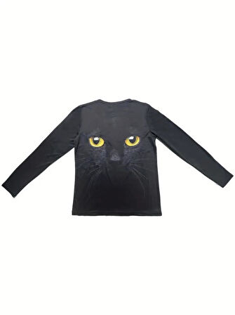 Kadın Uzun Kollu Bisiklet Yaka Kedi Desenli Süprem Bluz