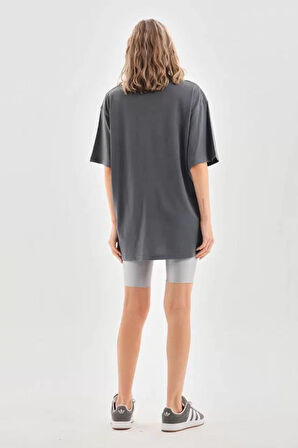 Unisex Taş Desenli Oversize T-Shirt - Füme