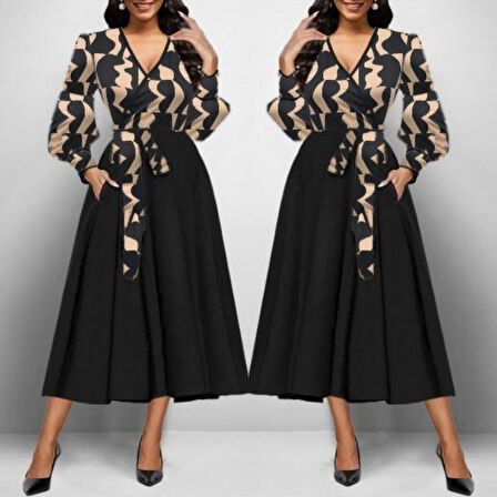 Kadın Uzun Kollu Kruvaze Yaka Dalgıç Krep Midi Boy Elbise