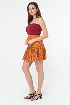 Beli Lastikli Çiçek Desenli Şort Etek