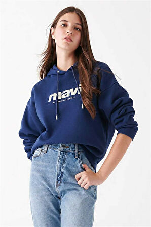 Mavi Logo Kadın Baskılı Kapüşonlu Lacivert Sweatshirt 168334-70488