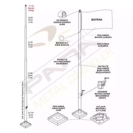 11 Metre İnox 304 Kalite Paslanmaz Krom Çelik Profesyonel Bayrak Direği