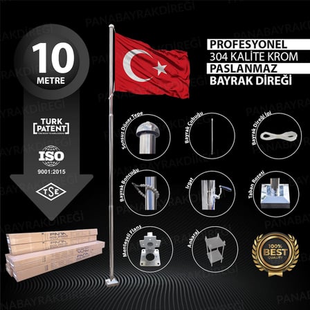 10 Metre İnox 304 Kalite Paslanmaz Krom Çelik Profesyonel Bayrak Direği