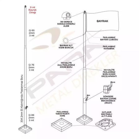 9 Metre İnox 304 Kalite Paslanmaz Krom Çelik Profesyonel Bayrak Direği