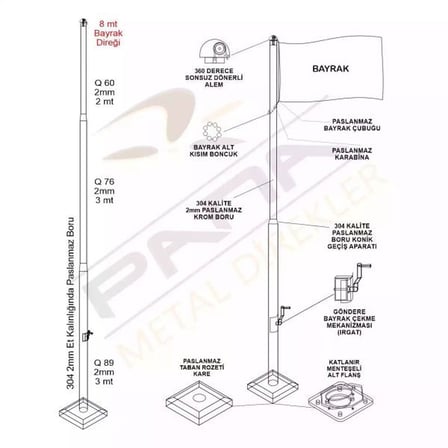 8 Metre İnox 304 Kalite Paslanmaz Krom Çelik Profesyonel Bayrak Direği