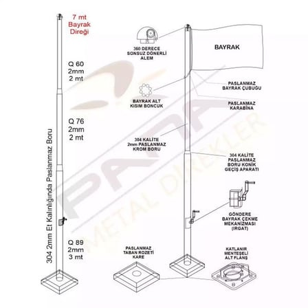 7 Metre İnox 304 Kalite Paslanmaz Krom Çelik Profesyonel Bayrak Direği