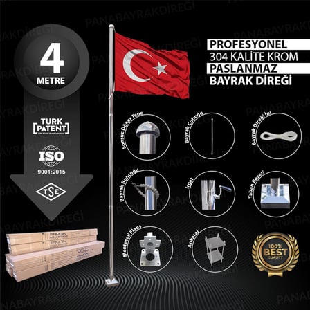 4 Metre İnox 304 Kalite Paslanmaz Krom Çelik Profesyonel Bayrak Direği