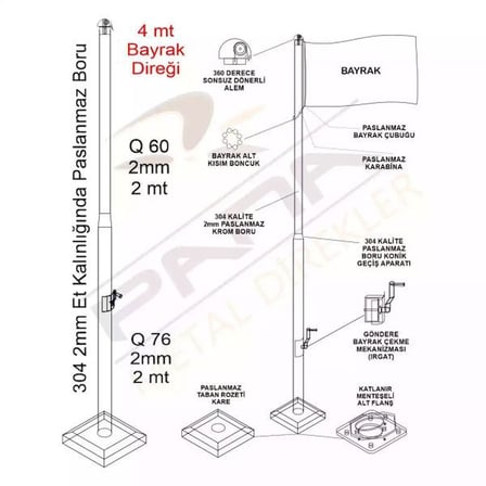 4 Metre İnox 304 Kalite Paslanmaz Krom Çelik Profesyonel Bayrak Direği