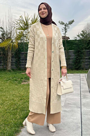 Dama Desenli Taş Triko Hırka