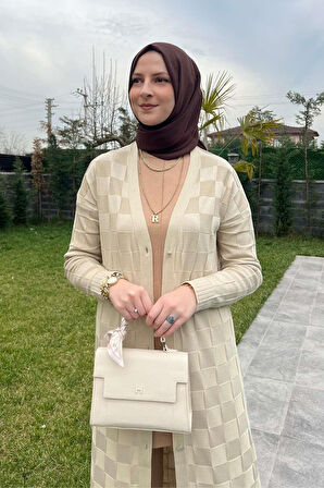 Dama Desenli Taş Triko Hırka