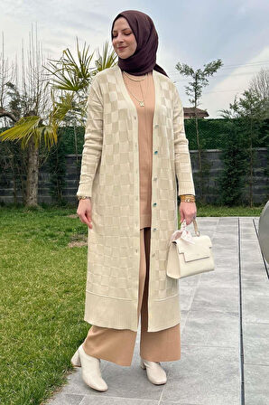 Dama Desenli Taş Triko Hırka