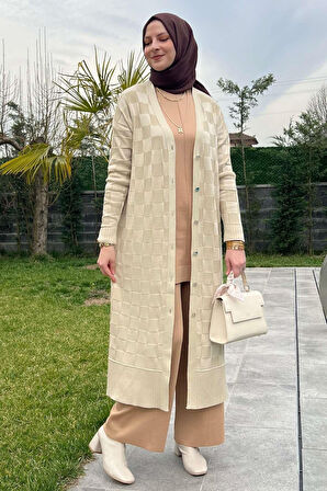 Dama Desenli Taş Triko Hırka