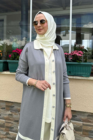İmge Çizgili Triko Hırka Gri