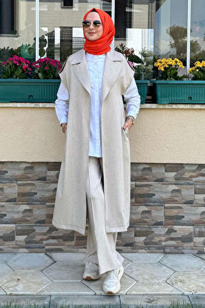 Apoletli Çizgili Takım Bej