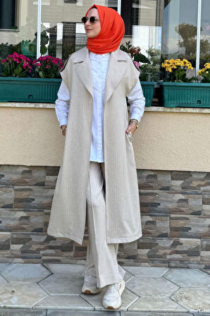 Apoletli Çizgili Takım Bej