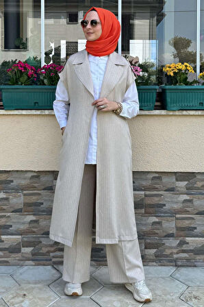 Apoletli Çizgili Takım Bej