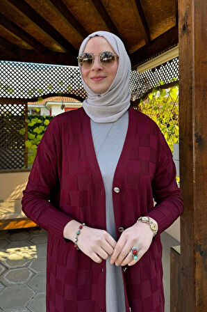 Dama Desenli Triko Hırka Bordo