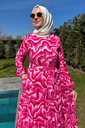 Su Desenli Elbise Pembe