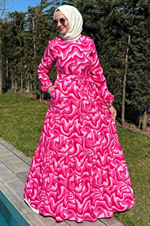 Su Desenli Elbise Pembe