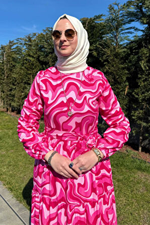 Su Desenli Elbise Pembe