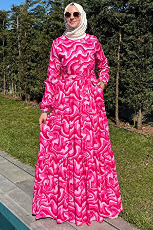 Su Desenli Elbise Pembe