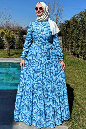 Su Desenli Elbise Mavi