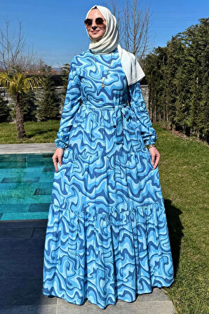 Su Desenli Elbise Mavi