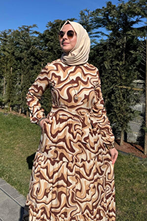 Su Desenli Elbise Kahve