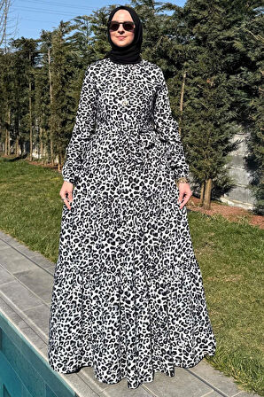 Leopar Desenli Elbise Siyah