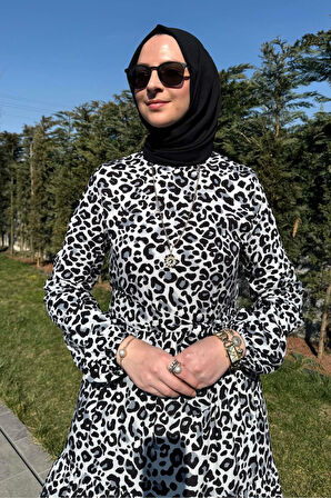 Leopar Desenli Elbise Siyah