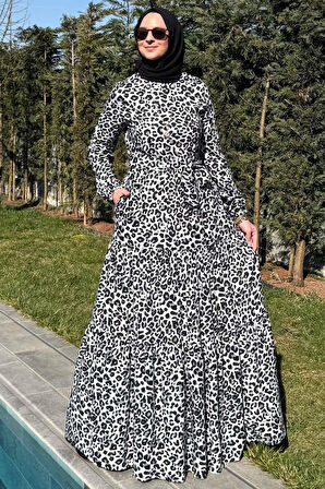 Leopar Desenli Elbise Siyah
