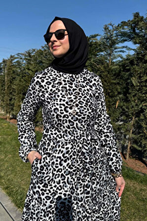 Leopar Desenli Elbise Siyah