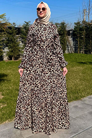 Leopar Desenli Elbise Kahve