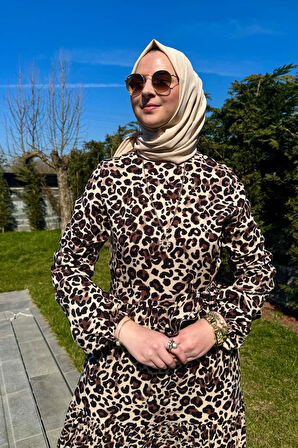 Leopar Desenli Elbise Kahve