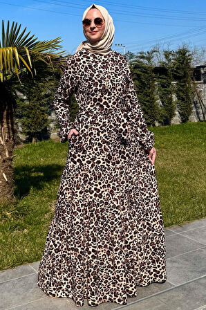 Leopar Desenli Elbise Kahve