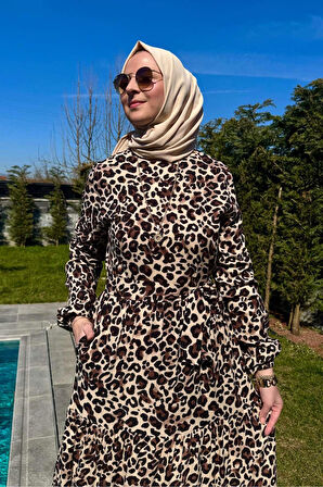 Leopar Desenli Elbise Kahve