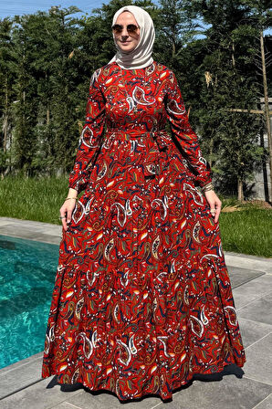 Şal Desenli Elbise Kiremit