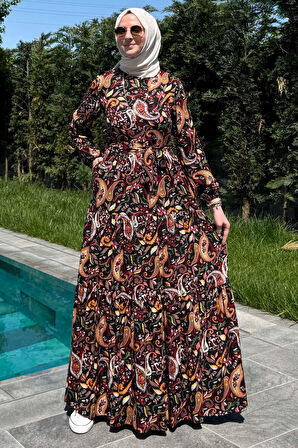 Şal Desenli Elbise Siyah