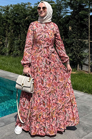 Şal Desenli Elbise Somon
