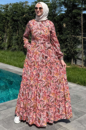 Şal Desenli Elbise Somon