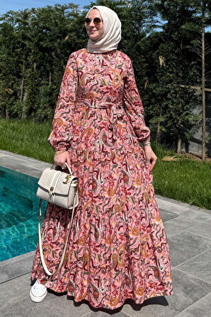 Şal Desenli Elbise Somon