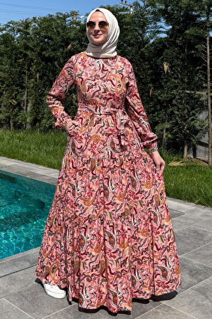 Şal Desenli Elbise Somon