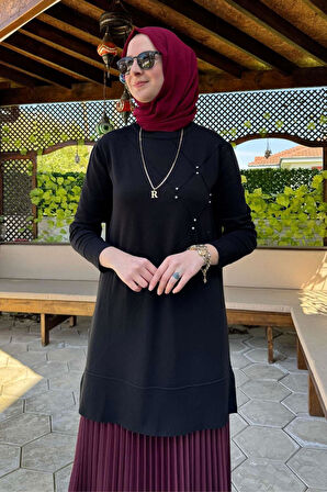 Gonca Taşlı Triko Tunik Siyah